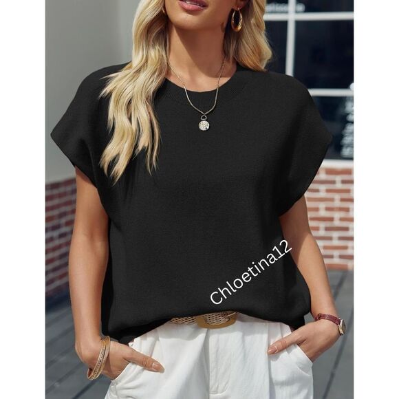 New Cap Sleeve Cotton Knit Crew Neck Tank Top Shirt Lightweight Loose Knit Top - Picture 2 of 16